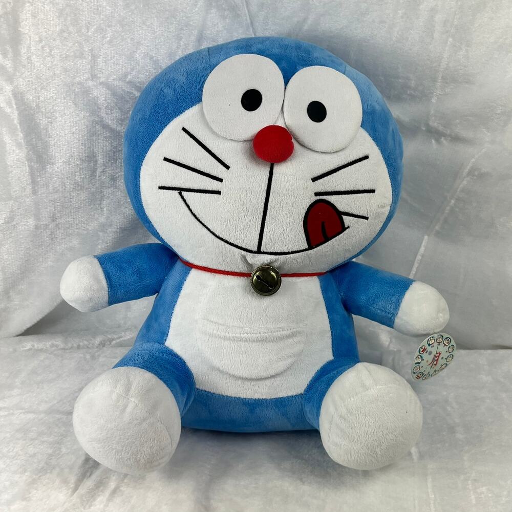 Vtg Doraemon Plush 17" Large Real Bell Blue White Stuffed Toy USA Seller 1999
